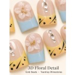 Fresh Garden Short‑Square Press‑On Nails, Yellow‑Blue Contrast Polka‑Dot French False Nails with 3D Flowers, Teardrop Rhinestones & Gold Beads